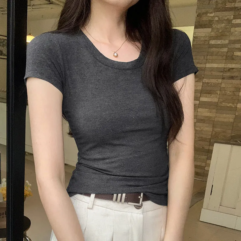 Pure Sexy U-Collar Shoulder Short-Sleeved T-Shirt Girls 2024 Summer New Spicy Girls Wear Slim European Blouses - Image 9