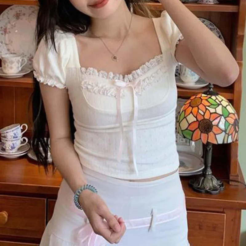 Summer Fresh Romantic Pure Color Square Collar Bubble Sleeve Girl T-Shirt Ins Trend Slim Casual Blouse New Style - Image 5