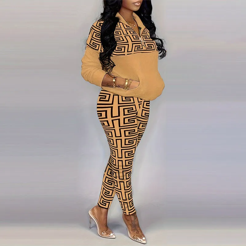Znbbw Large Size Women's Wear Popular Style Long-Sleeved Zipper Fashion Printed Two-Piece Set