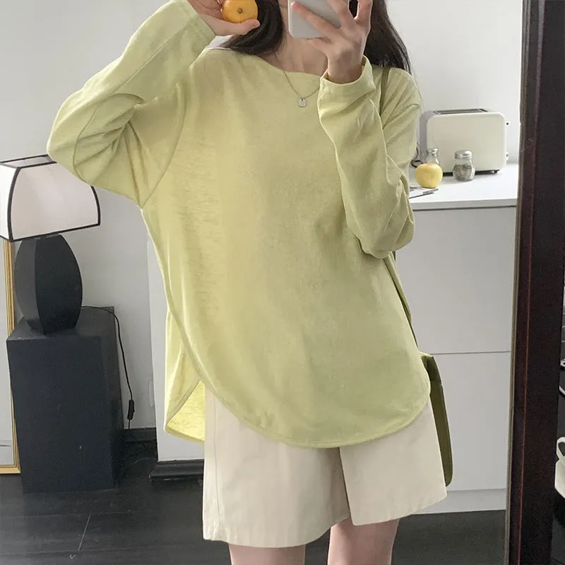 Sunscreen Shirt Mask Long-Sleeved T-Shirt Women's Summer Thin Loose Irregular Fork Bottom Air-Conditioning Blouse - Image 9
