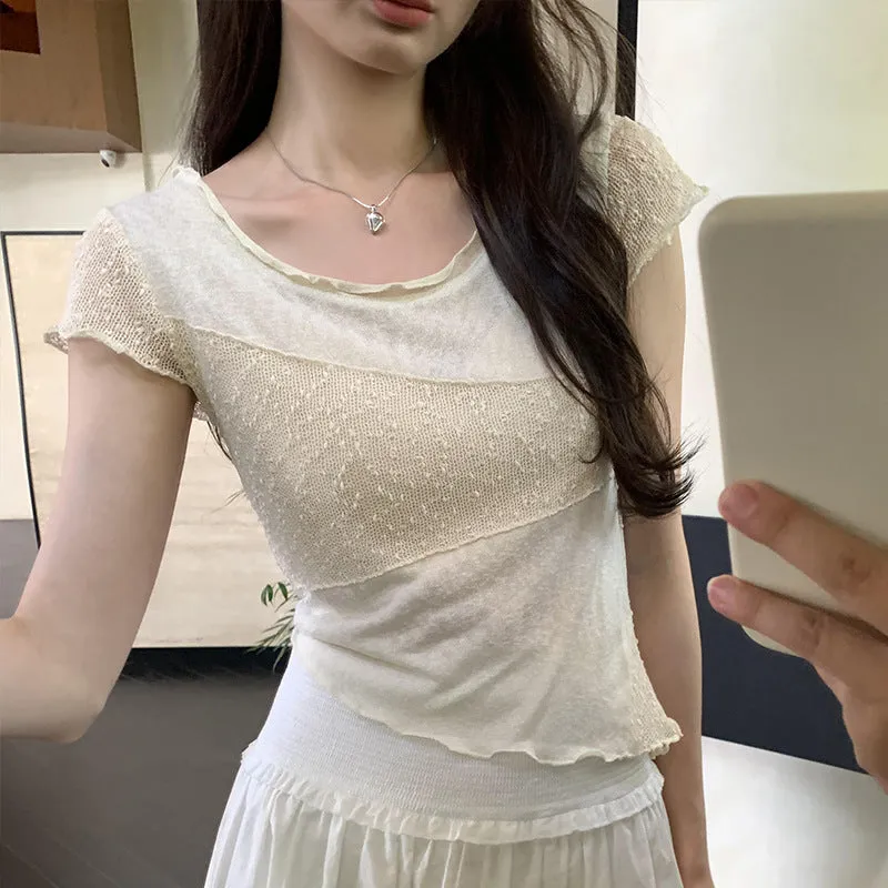Korean Minority Design Temperament Texture Fabric Spliced Shoulder Short-Sleeved T-Shirt Women's Summer 2024 New Blouse - Image 5