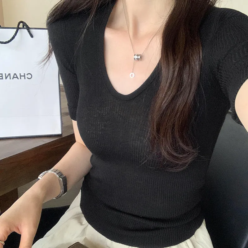 U Straight Shoulder Ice Silk Knitted Short-Sleeved T-Shirt Women 2024 Summer Thin Style Bottomed Shirt Slim Short Blouse - Image 5