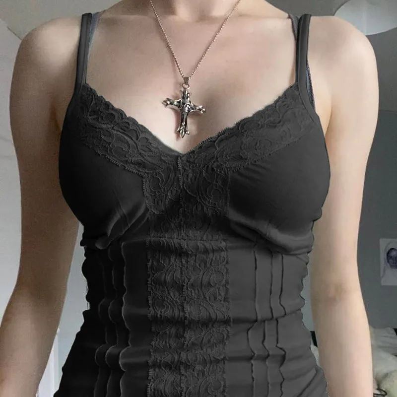 Hot Girls Sexy Solid Color Tight Lace V-Collar Sling Top With Fashion Inside Pure Desire Vest - Image 4