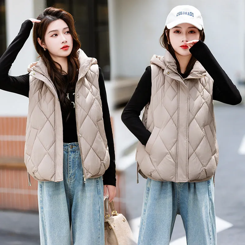 Autumn And Winter Vest Women's Down Cotton Short Loose Korean Version Of Versatile Diamond Cotton Vest Sleeveless Vest Coat - Image 5