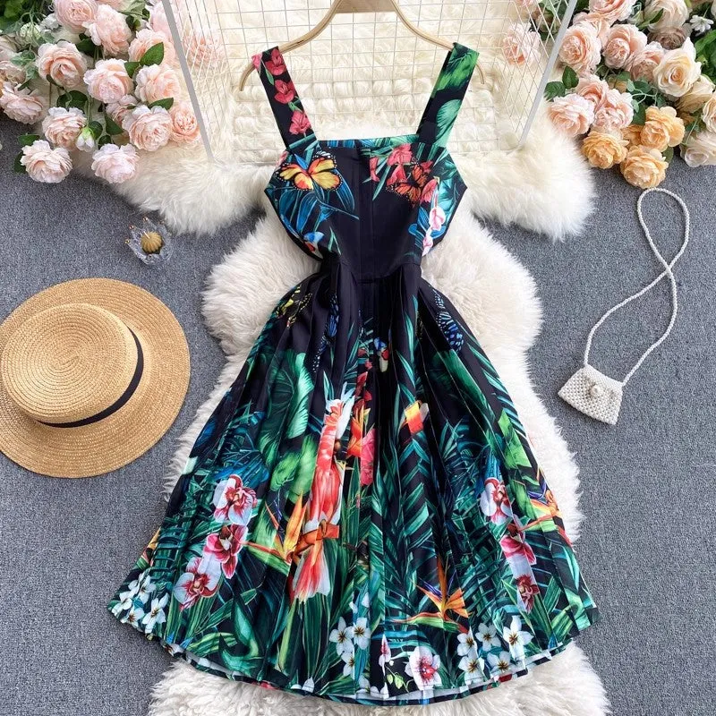 Znbbw Spring New Sling Dress Seaside Vacation Tropical Printing, Shoulder Slimming And Skinny Skirt Trend