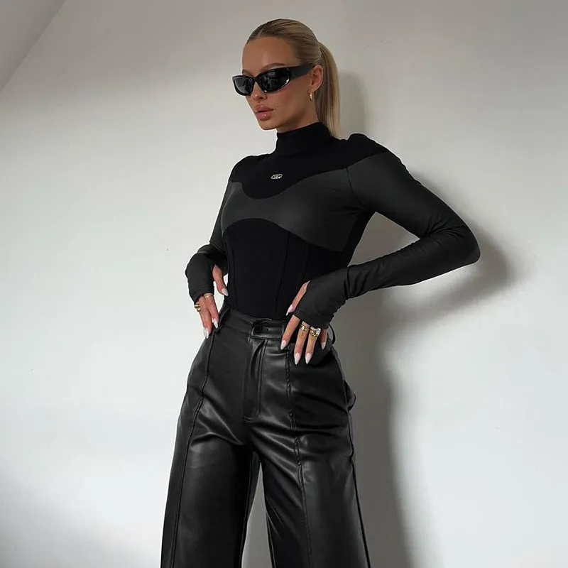 Znbbw Autumn New Dark Fashion Sexy Slim Leather Spliced Long-Sleeved Jumpsuit Women's Dress - Image 4