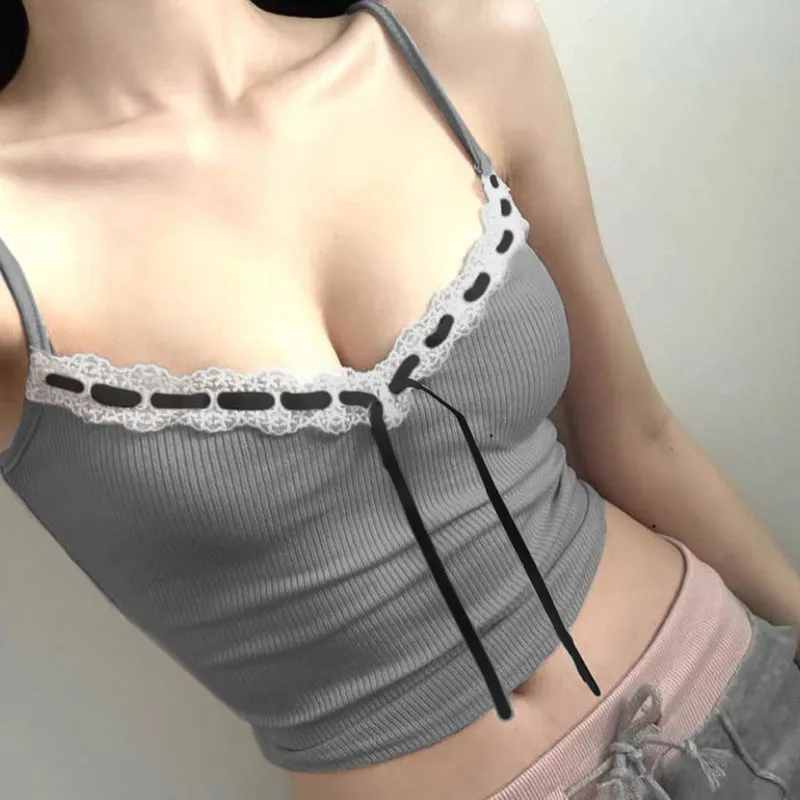 The Sweet And Hot Girl Hit The Lace, Low-Cut V-Collar, Rope Tie, Tight Sling, Vest, Sweet Top - Image 3