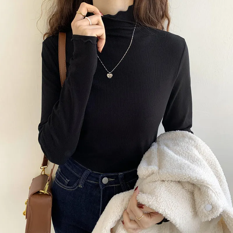 Agaric Edge Long-Sleeved Blouse 2025 Early Spring New Women's T-Shirt White Threaded High-Neck Bottomed Shirt - Image 5