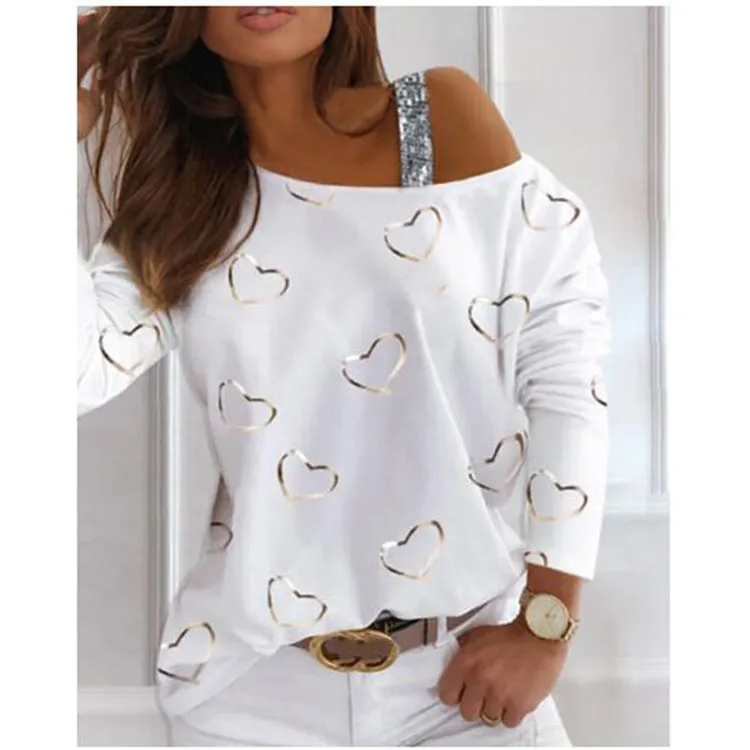 Znbbw New Women's Blouse Shoulder Sequins Fashion T-Shirt With Long Sleeves