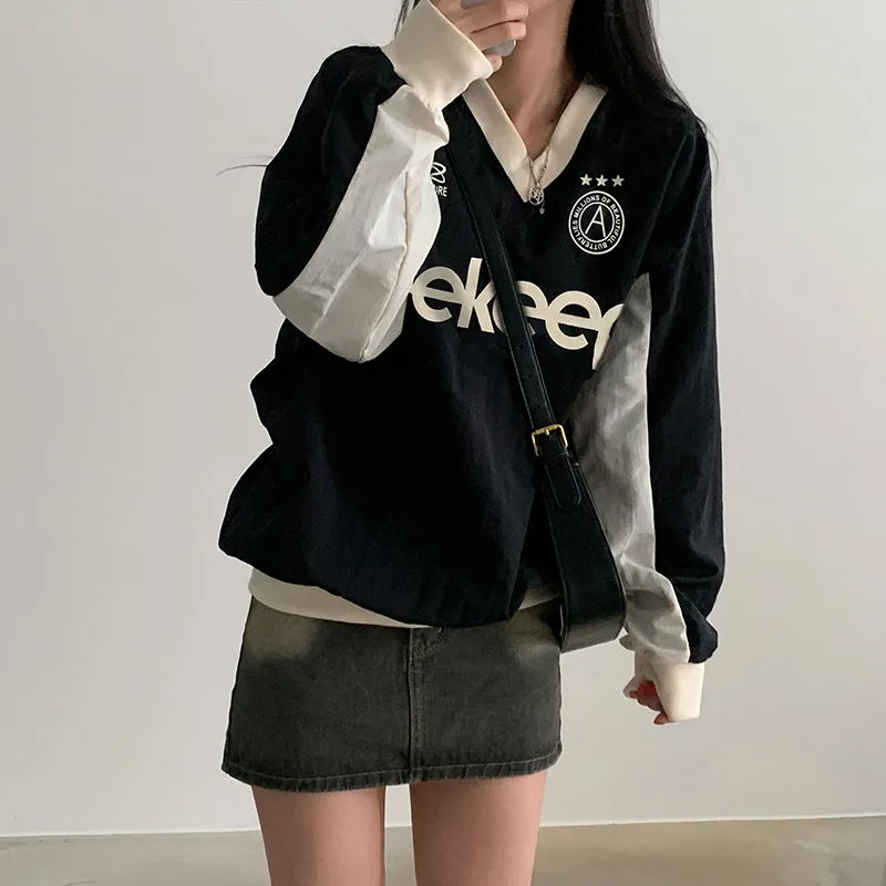 Leisure Fashion Color Letter Printed Baseball Blouse 2025 Loose V-Collar Medium And Long Woven Long-Sleeved T-Shirt In Early Autumn - Image 4