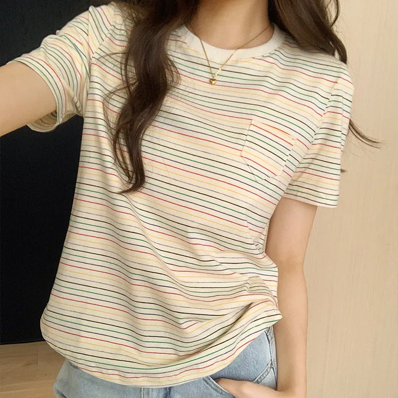 College Style Rainbow Striped Round-Neck T-Shirt Women's Summer Loose Style Vintage Blouse Design Sense Minority - Image 6