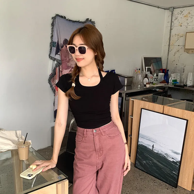 Pure Desire Hot Girls Design Sense To Hang Neck U-Collar Short-Sleeved T-Shirt Summer New Style Waist Shows Slim All Kinds Of Short Style Blouse Trend - Image 4