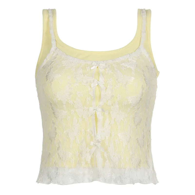 Little Fresh Girl Lace Splicing Yellow Bow Harness Dopamine Pure Desire To Fold And Wear A Two-Piece Set