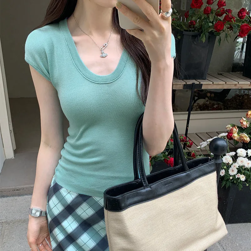 Basic Solid Color U-Collar Short-Sleeved T-Shirt Women's New Springy Slim, Simple And Easy To Wear In Summer - Image 9