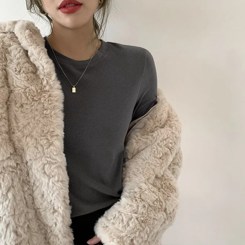 Znbbw Velvet Black Bottomed Shirt For Women To Wear A New Korean Version Of Foreign Style Round Collar Slim Long-Sleeved Sanded Wool Warm Blouse In Autumn And Winter - Image 2