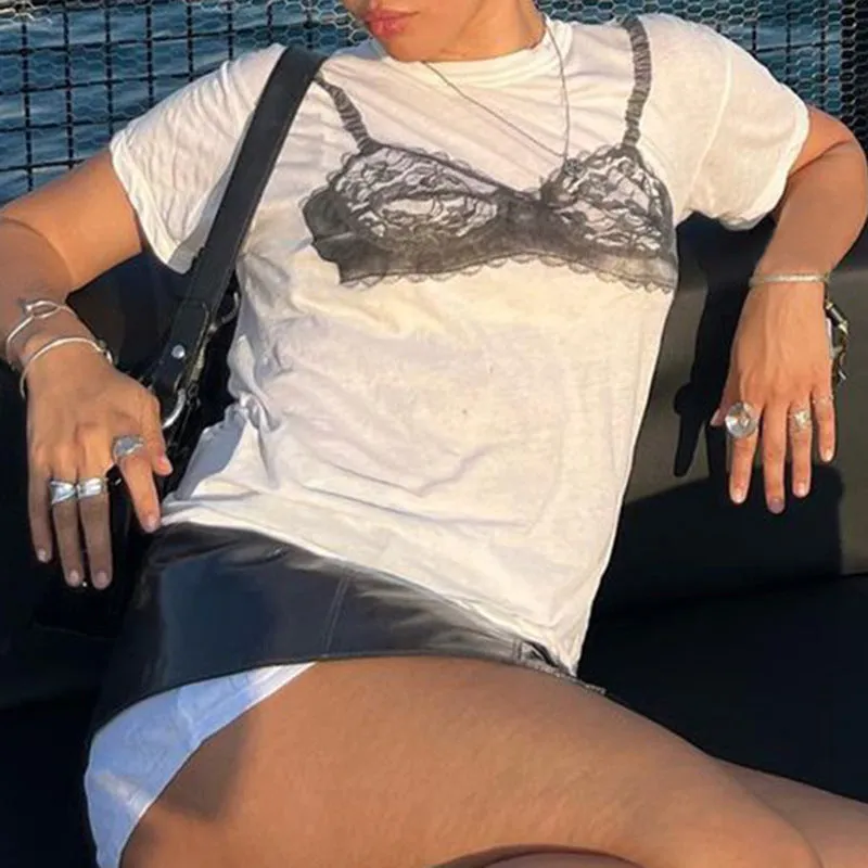 Design Sense Color Lace Perspective Corset Printed T-Shirt 2024 Summer Fashion Loose Casual Short-Sleeved Blouse - Image 4