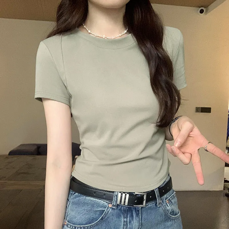 Solid Color Shoulder Short-Sleeved T-Shirt Women's Summer 2024 New Slim And Thin Fishbone Line Base Short Blouse - Image 2