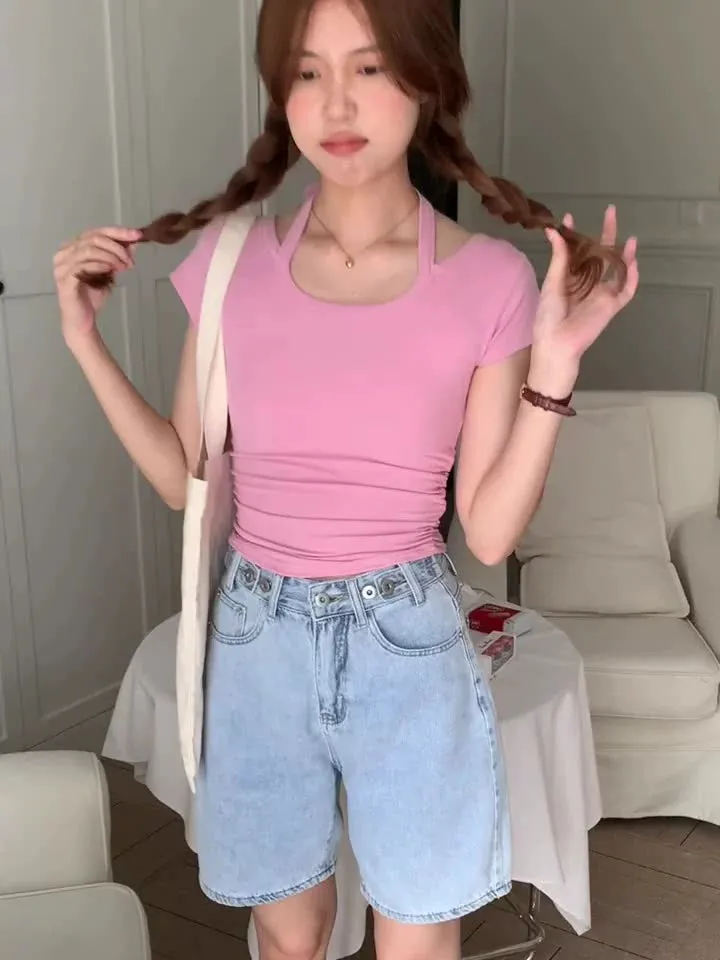 Pure Desire Hot Girls Design Sense To Hang Neck U-Collar Short-Sleeved T-Shirt Summer New Style Waist Shows Slim All Kinds Of Short Style Blouse Trend - Image 11