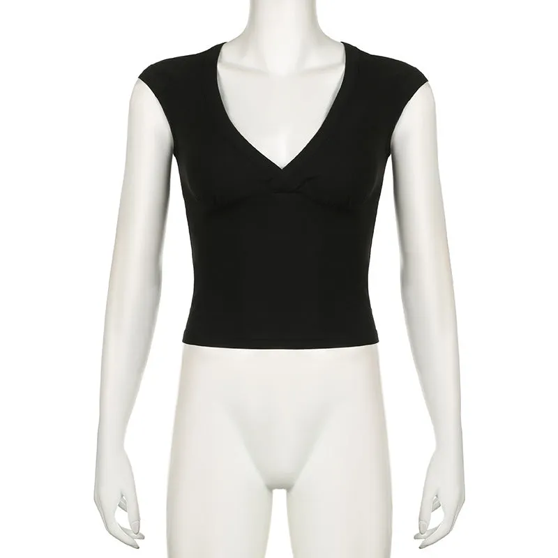 Spicy Girl Style Simple Solid Color Basic Sexy Low-Cut V-Neck Slim Flying Sleeve T-Shirt 2024 Spring / Summer New Style - Image 5