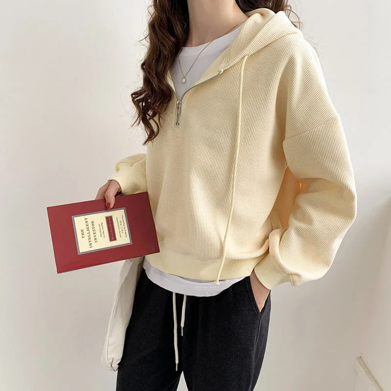 Short Style Waffle Hooded Sweater 2025 Early Spring New Style Loose Design Niche Jacket Women's Spring And Autumn - Image 7