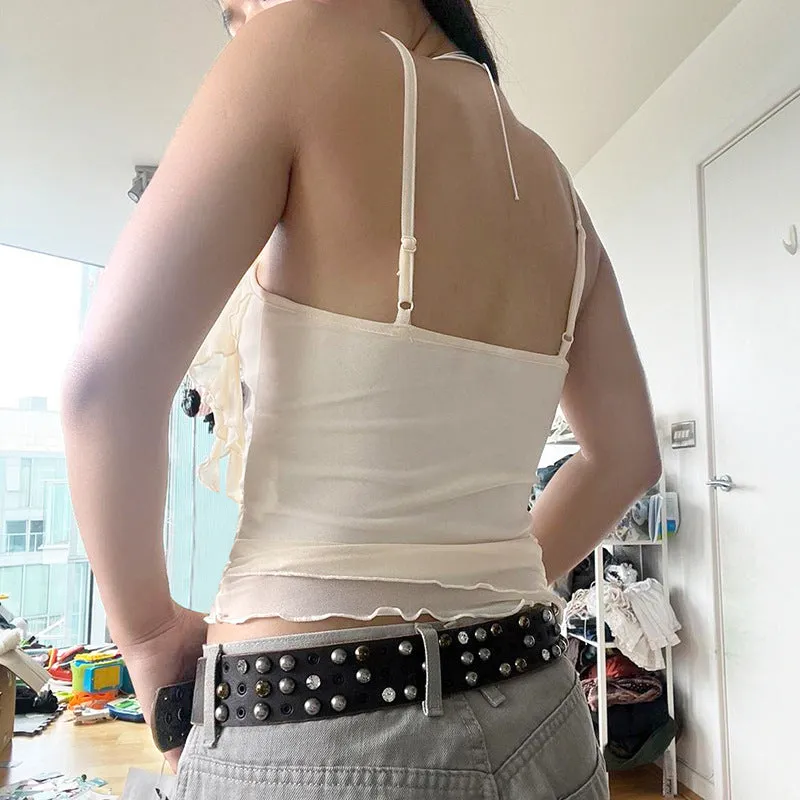 Spicy Girl Style Three-Dimensional Flowers Lotus Leaf Edge Stitching Irregular Net Gauze Solid Color Sling Vest 2024 Summer New Style - Image 3