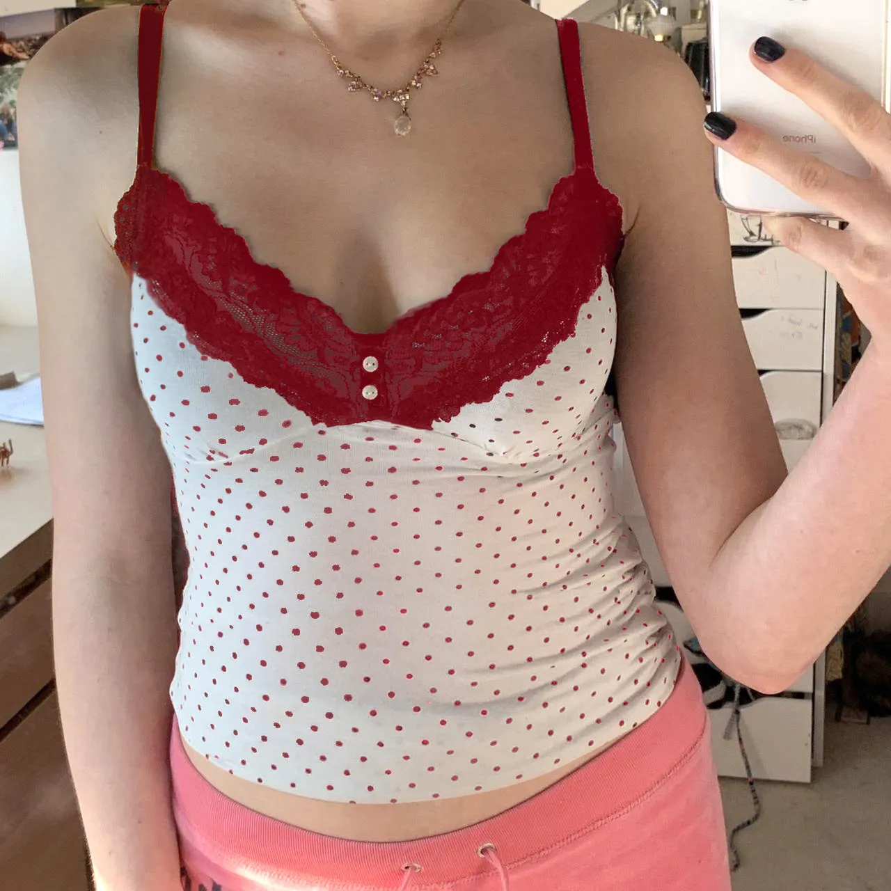 Playful Girl Feeling Lace Splicing Small Sexy V-Neck Body Wave Point Sling Vest 2024 Spring / Summer New Style - Image 2