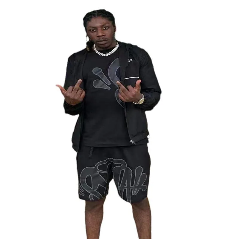 Znbbw Aesthetics Male Gothic 2-Piece Hip-Hop Alphabet Print 0-Collar T-Shirt + Rope Wide Legs And Short - Image 10