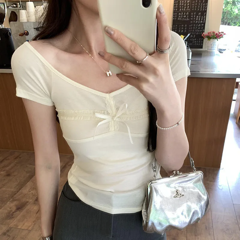 Chic Design Big V-Collar Lace Collage Split Bow Short-Sleeved T-Shirt Women's Summer New Pure Korean Blouse - Image 4