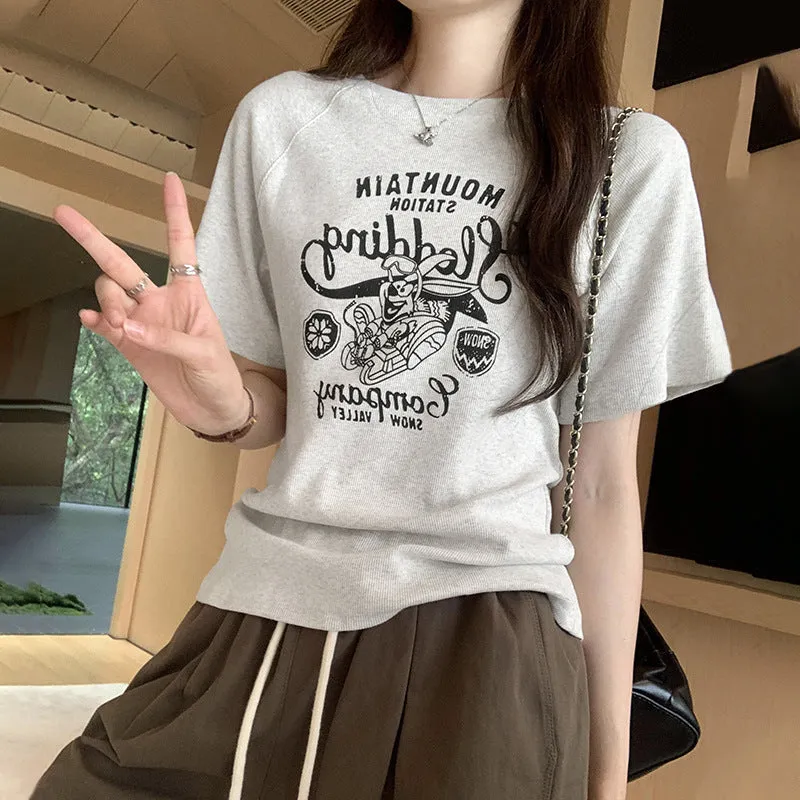 Vintage European High-End Print Loose Shoulder-Inserting Short-Sleeved T-Shirt Women's Summer 2024 New Blouse - Image 7