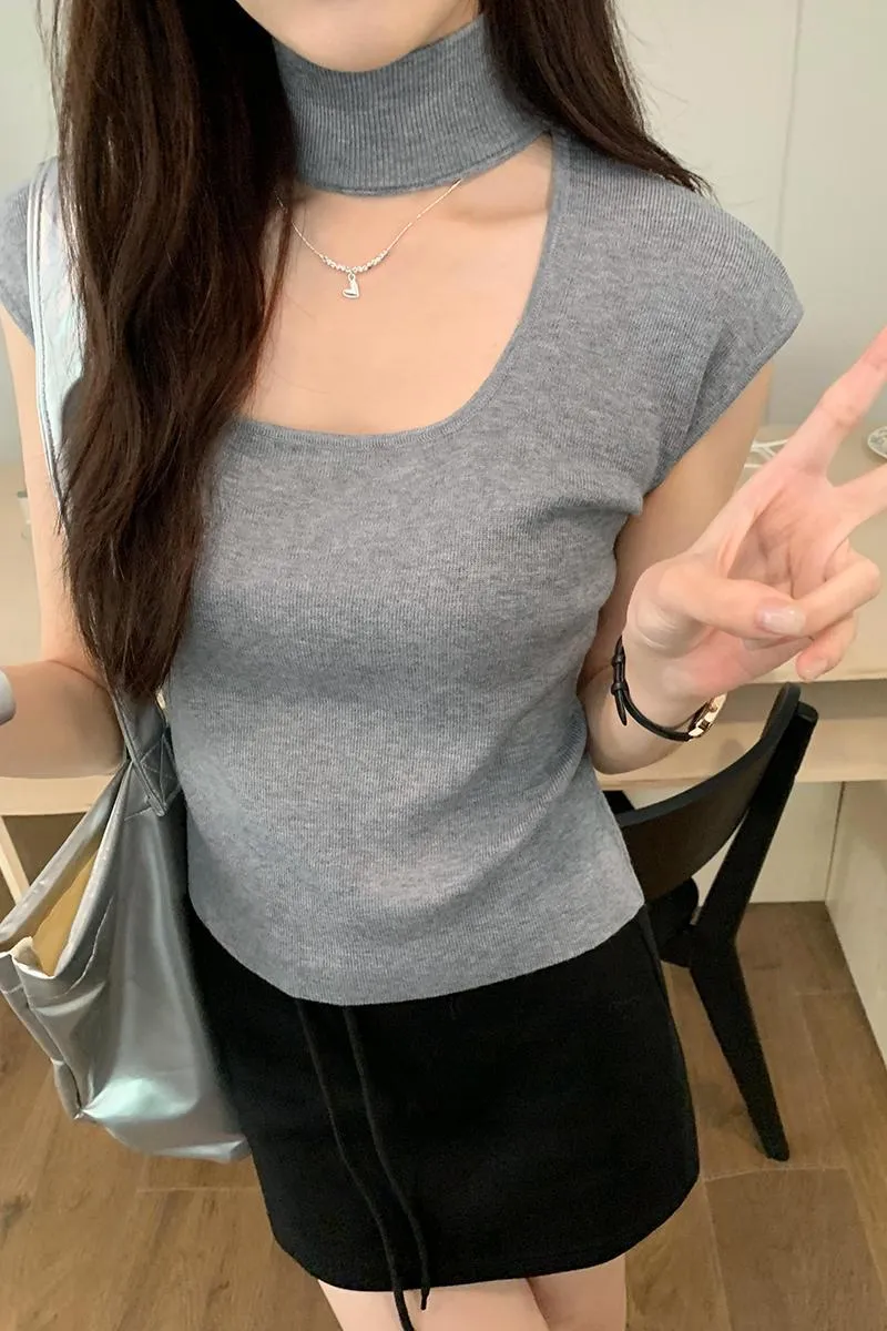 Design Sense Hanging Neck Shoulder Sleeveless Knitted Shirt Spring New Slim High Waist Short Vest Bottomed Blouse - Image 9