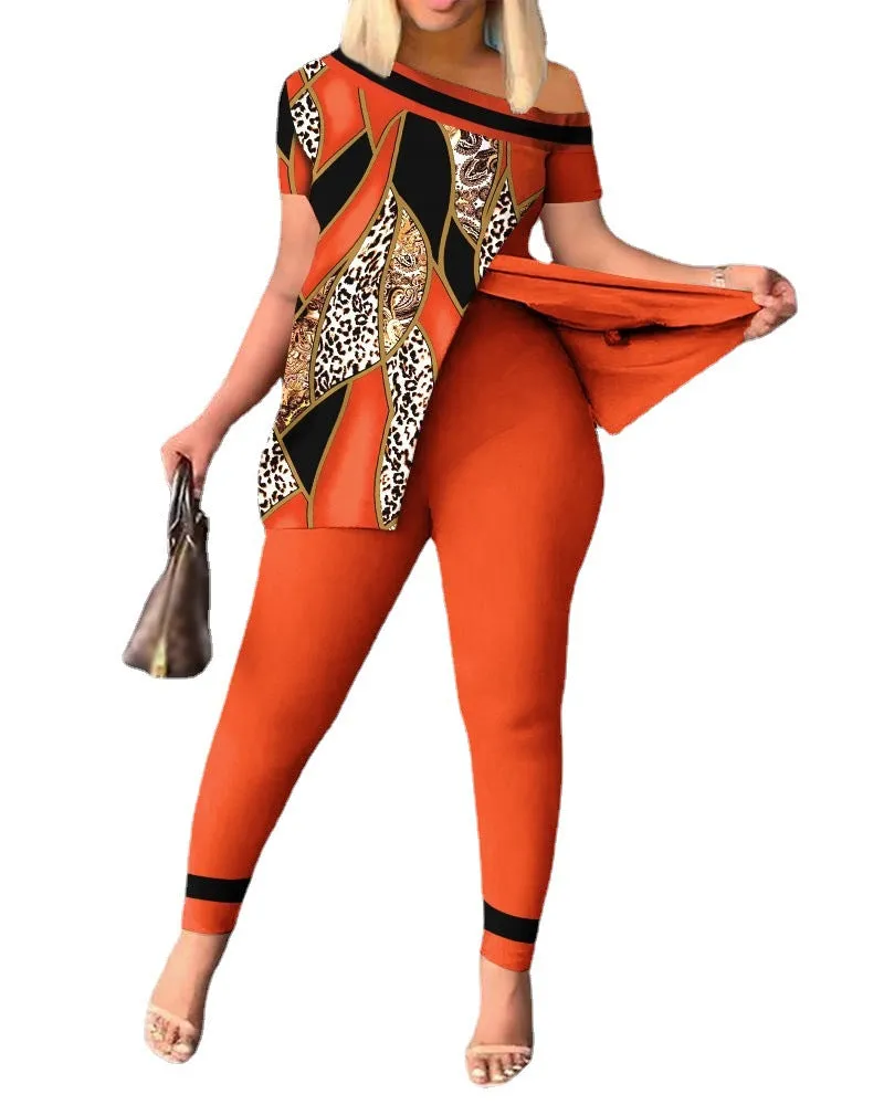 Znbbw Women's Wear Summer New Fashionable Leisure Forked Oblique Collar Printing Suit - Image 6