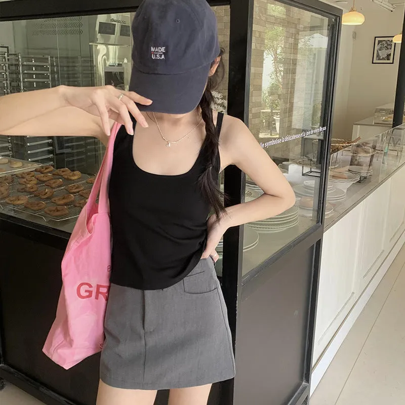 Hot Girl Style Black I-Shaped U-Shaped Collar With Sling Vest Outside Wearing Short Slim And Slim Blouse Woman - Image 3