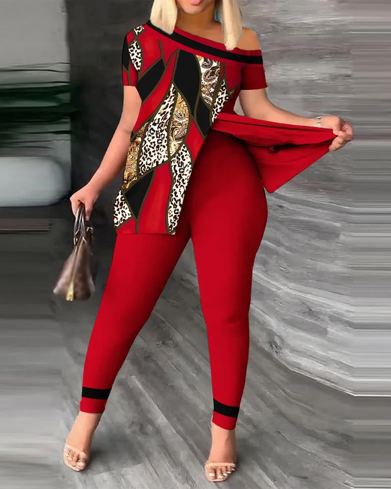 Znbbw Women's Wear Summer New Fashionable Leisure Forked Oblique Collar Printing Suit - Image 2