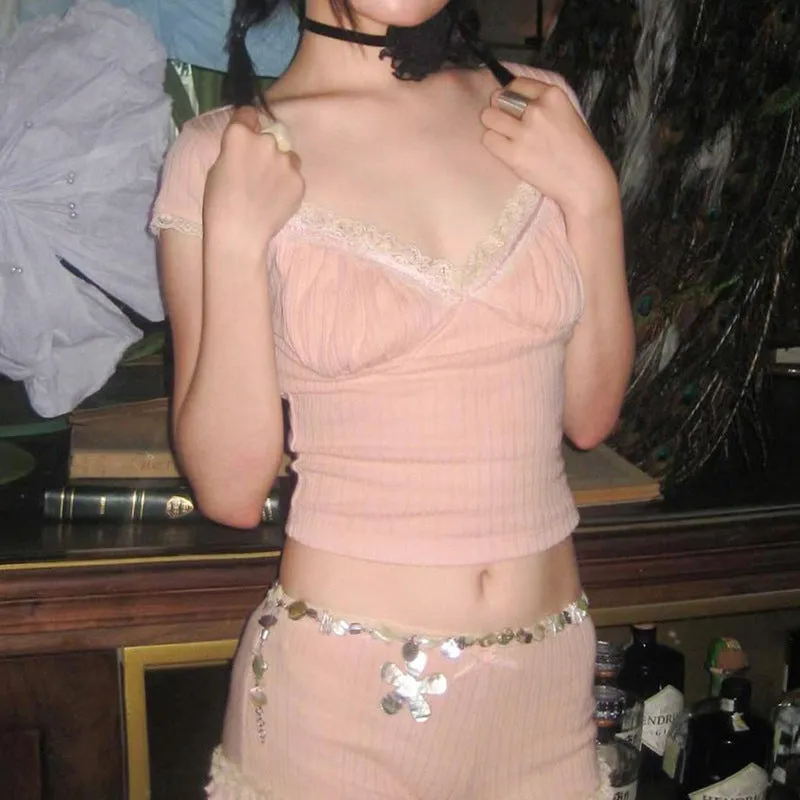 Pure Lace Splicing Chest Type Skinny Thread Knitted Blouse 2025 Square Neckline Lace Spicy T-Shirt Girl - Image 4