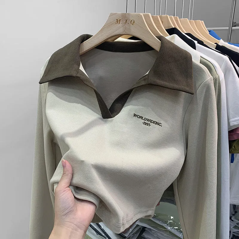 European Short Style Polo Shirt Embroidered Alphabet Design Sense Minority Lapel Clavicle V-Collar Blouse Long-Sleeved T-Shirt Women's Autumn - Image 2
