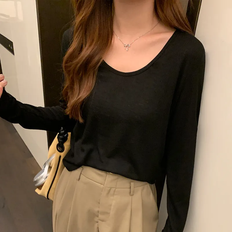 Goose Egg Collar Tencel Long-Sleeved T-Shirt Women Wear The New Soft Waxy Skin Bottoming Shirt In Spring - Image 3