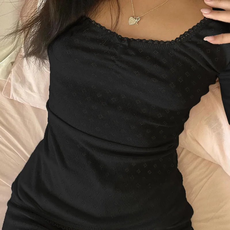 Gentle Style Small Lace Pleated Square Collar Short-Sleeved T-Shirt Ins Girls Fresh Wear Bare-Back Blouse 2024 - Image 2