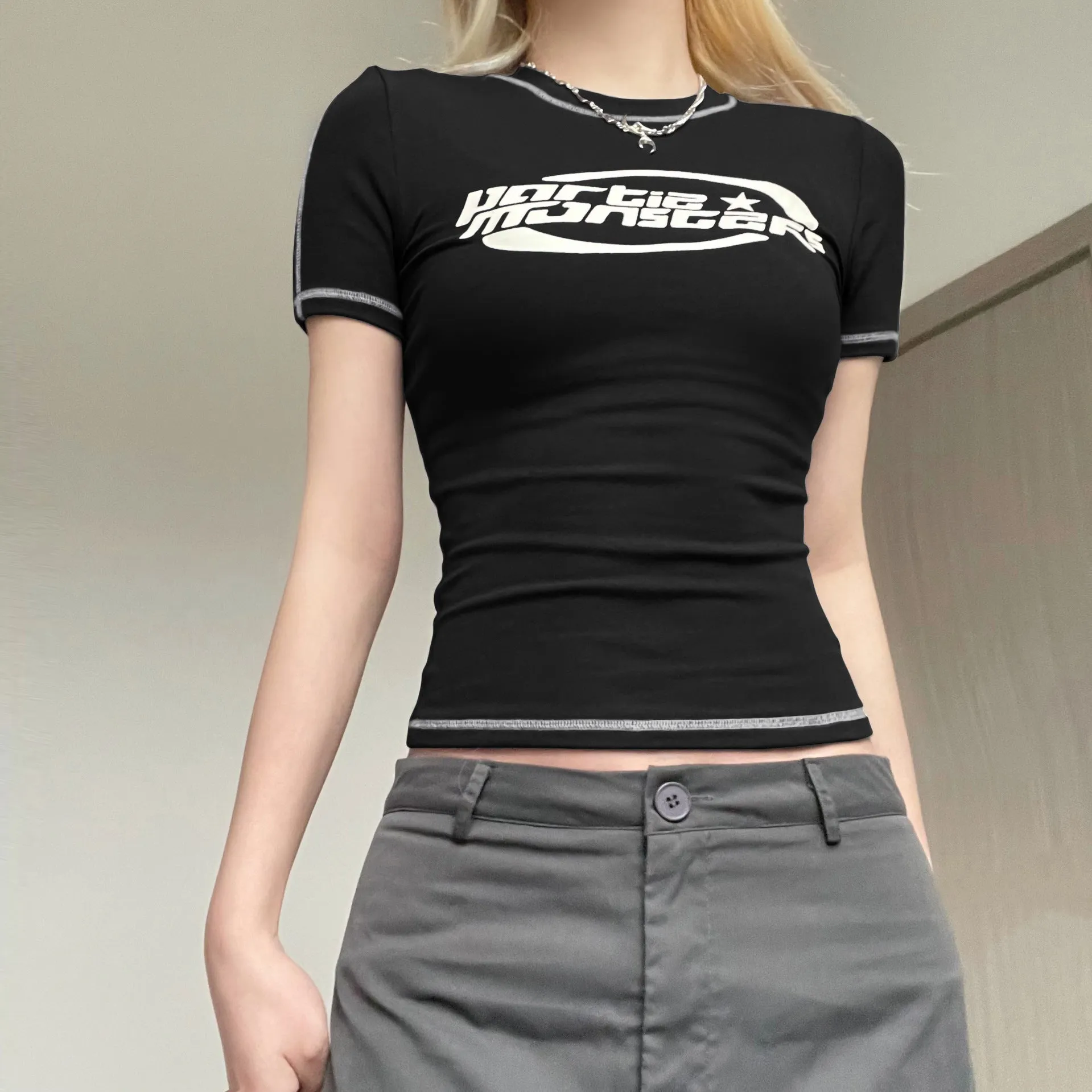 Ins Style Spring And Summer Women's Wear 2024Ins Hot Girls Street Celebrities Gray Function Wind Printed Short-Sleeved T-Shirt Women - Image 6