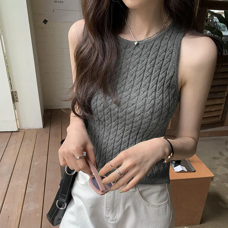 A Retro Twist Sling Vest For A Woman In Summer, A New Style Of Slimming, Lazy Wind, Unique Design, Grey Knitted Clothes. - Image 3