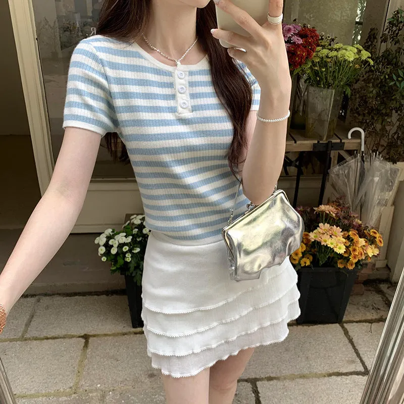 Cold And Light High-Grade Blue Color Striped Short-Sleeved Shoulder T-Shirt Women's Summer Stretch Waist Short Style Foreign Style T-Shirt - Image 2