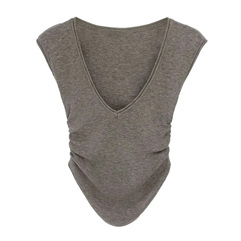 Sexy Spice Girl V-Neck Knitted Sleeveless Vest Women's 2024 Spring / Summer New Style Wrinkled Waist-Bottom Blouse - Image 5