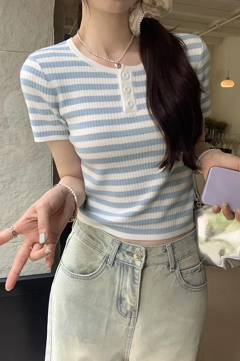 Cold And Light High-Grade Blue Color Striped Short-Sleeved Shoulder T-Shirt Women's Summer Stretch Waist Short Style Foreign Style T-Shirt - Image 7