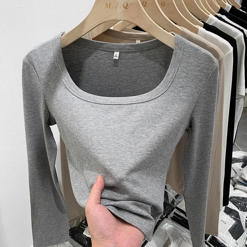 2025 New Spring And Autumn Style Threaded Square Collar Long-Sleeved T-Shirt Women's High Waist Leaky Navel Minority Solid Color Undercoat - Image 9