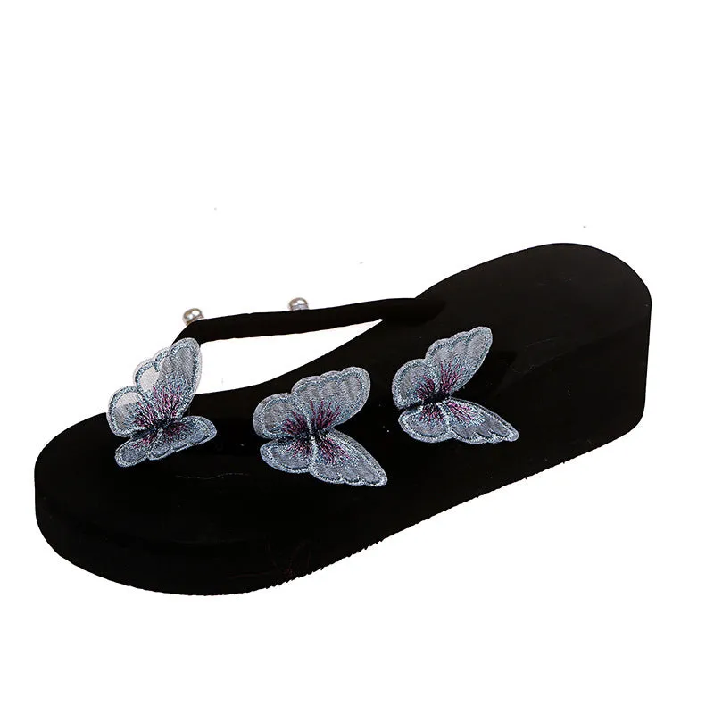 New Butterfly Flip-Flops Thick Bottom Slope With One Word With Pearl Large Size Beach Cool Flip-Flops - Image 3