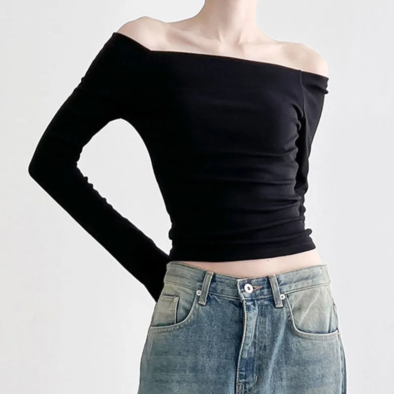Ins Style Basic Simple Solid Color T-Shirt With Bare Shoulder And Bottom 2025 New Temperament Age-Reducing Blouse - Image 3