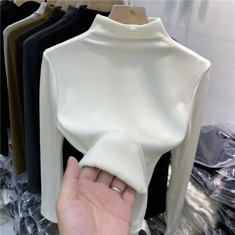 Znbbw Velvet Half-High Collar Bottomed Blouse In Autumn And Winter With A Tight Middle Collar White T-Shirt And Velvet Polished Blouse - Image 8