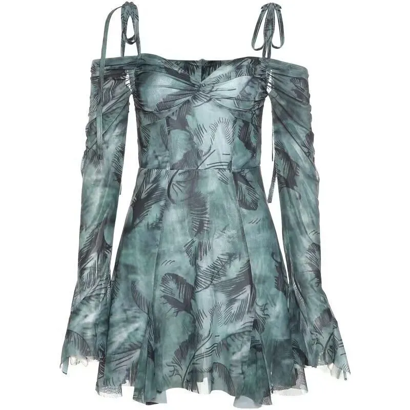 Znbbw Women's Dress 2024 Summer Sexy Shoulder Horn Sleeve Printed Waist Slender Sling Dress