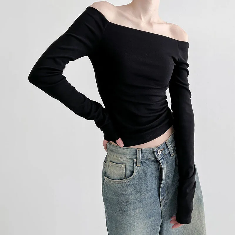 Ins Style Basic Simple Solid Color T-Shirt With Bare Shoulder And Bottom 2025 New Temperament Age-Reducing Blouse - Image 4