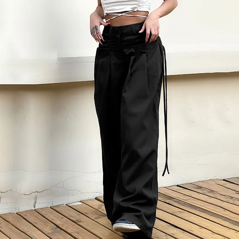 2025 Summer New Spice Girls Fashion Retro Street Loose Low-Waisted Solid Color Woven Trousers - Image 2