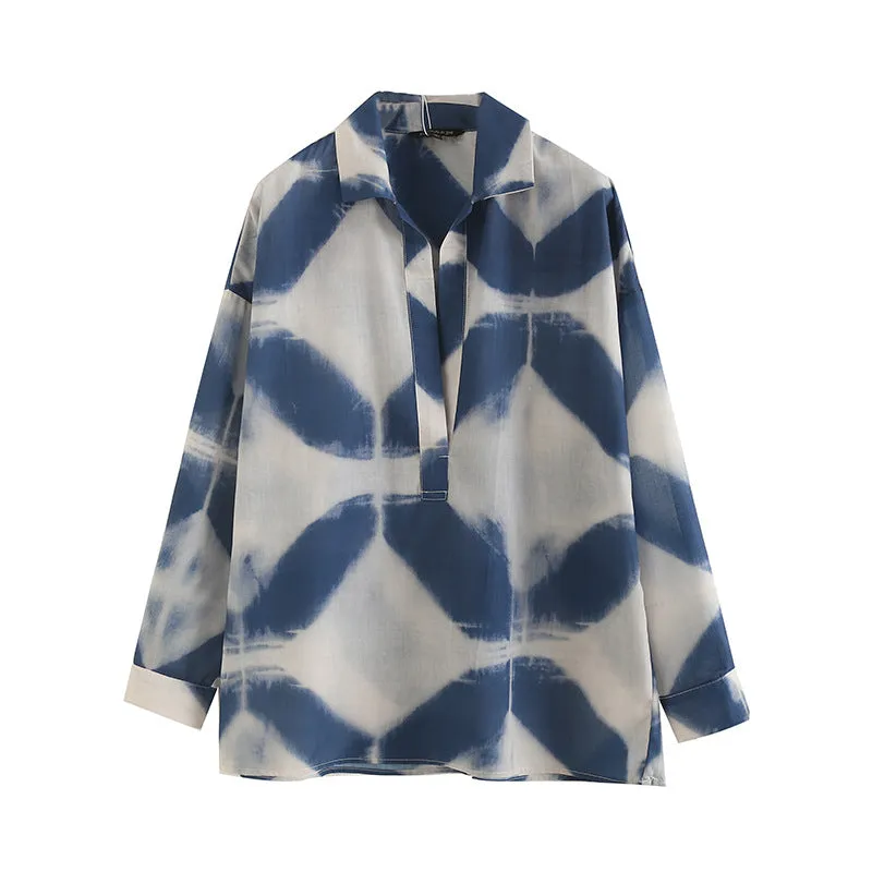 Znbbw New Xiaoxiangfeng POLO Collar Blue Printed Long-Sleeved Shirt